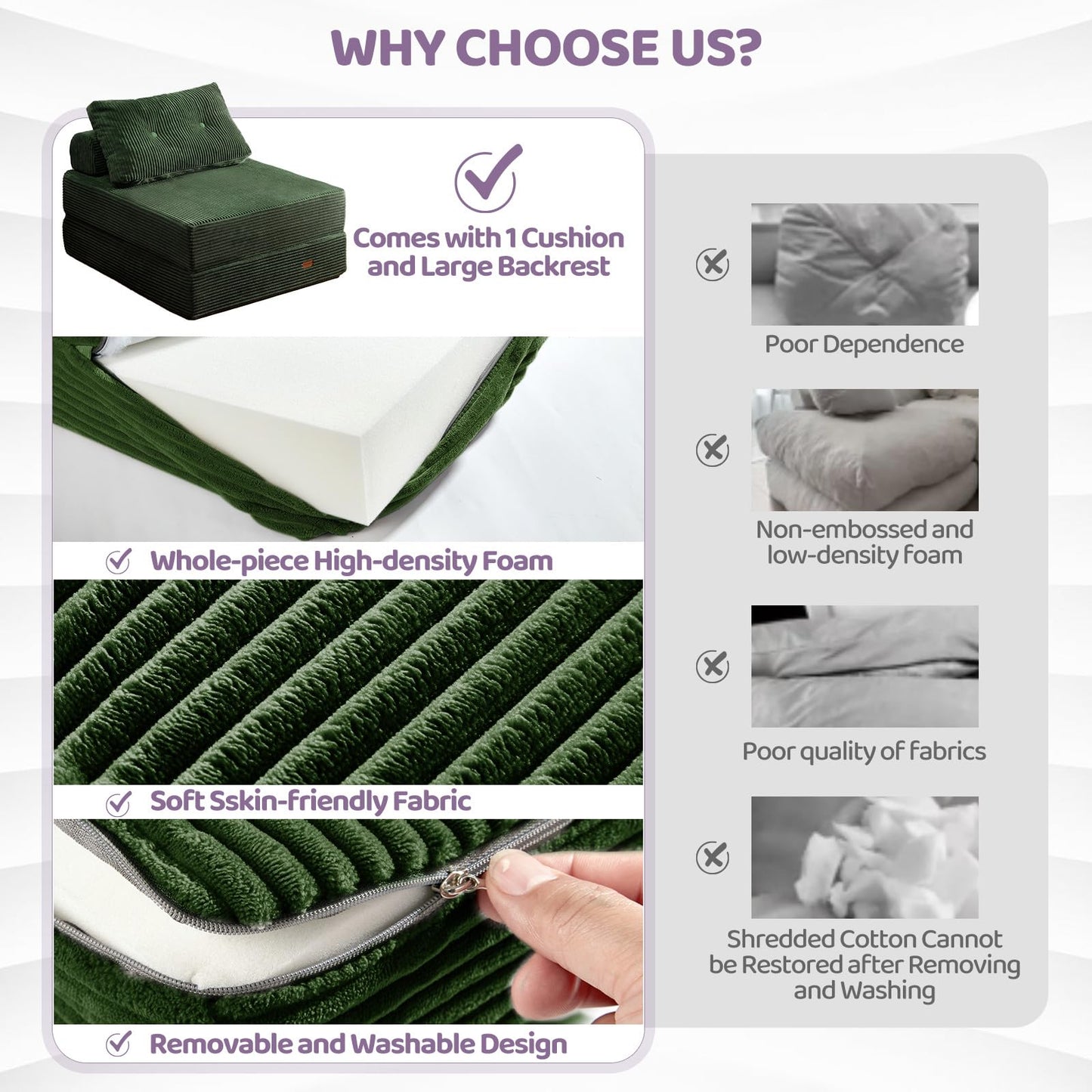 PIASHJOY Folding Sofa Bed,3-in-1 Convertible Sleeper Chair Corduroy High-Density Foam with Pillow,Fold Out Chair Bed,Foldable Single Futon Chair for Living Room、Hotel,Single, Emerald Green