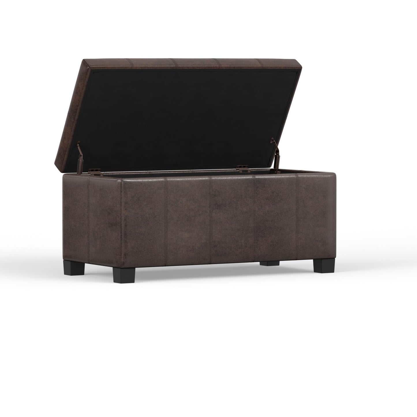 SIMPLIHOME Dover Storage Ottoman Bench - 36 inch Wide Upholstered Vegan Leather Rectangular Lift-Top Ottoman in Distressed Brown, Contemporary Bench for Living Room with Safety Hinges