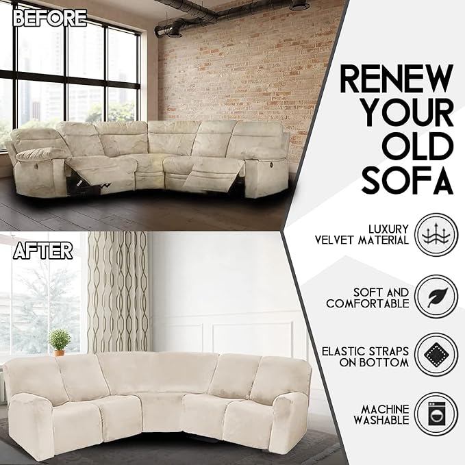 LightInTheBox 7-Piece Velvet Stretch Reclining Couch Covers 5 Seats Corner Sofa