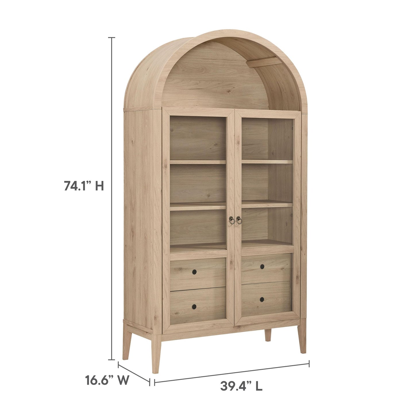 Modway Nolan Tall Arched Storage Display Cabinet in Light Oak - 74 Inch Arch Bookshelf with Glass Doors, Shelves and Drawers - Modern Accent Cabinet for Living Room, Dining Room