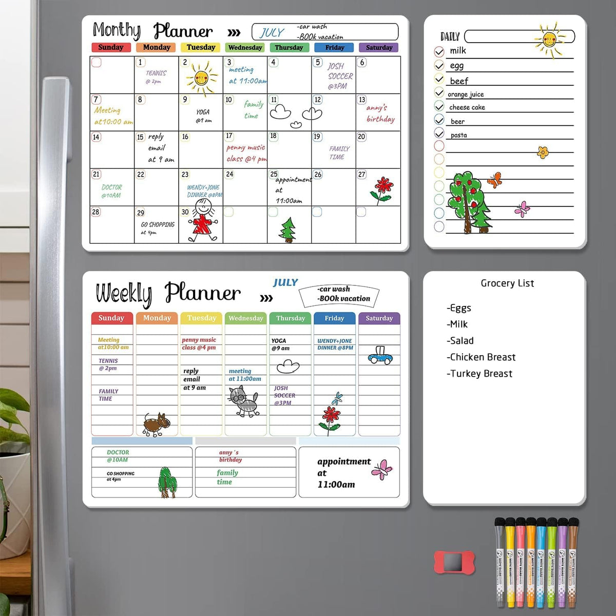 Hivillexun Magnetic Dry Erase Calendar Whiteboard Set (4-Pack) for Home and Kitchen, with Monthly and Weekly Views (16.5” x 11.8”), Magnetic Whiteboard and Daily Planners (12” x 8”) 8 Markers & Eraser