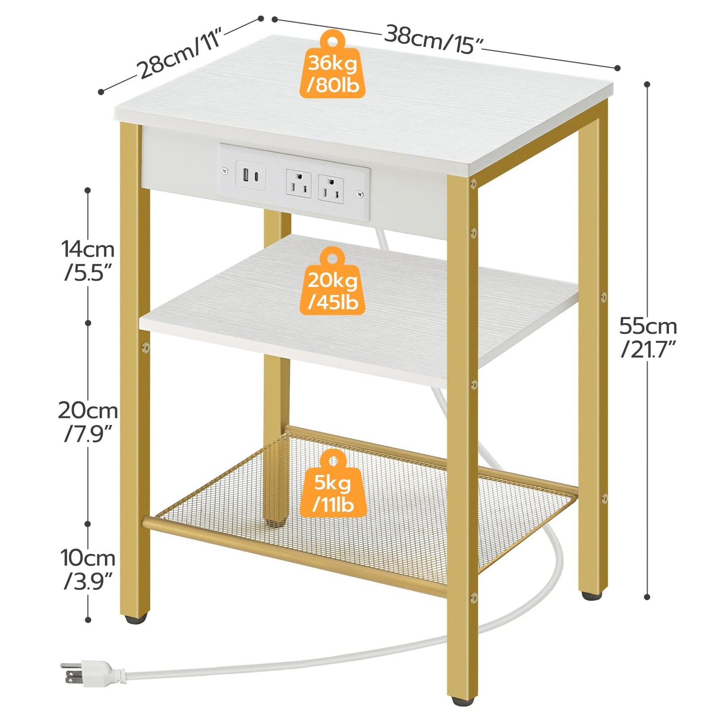HOOBRO Side Table with Charging Station and USB Port, Small End Table for Small Space, 3-Tier Nightstand with Adjustable Shelf, for Living Room, Bedroom, White and Gold DW112BZ01G1