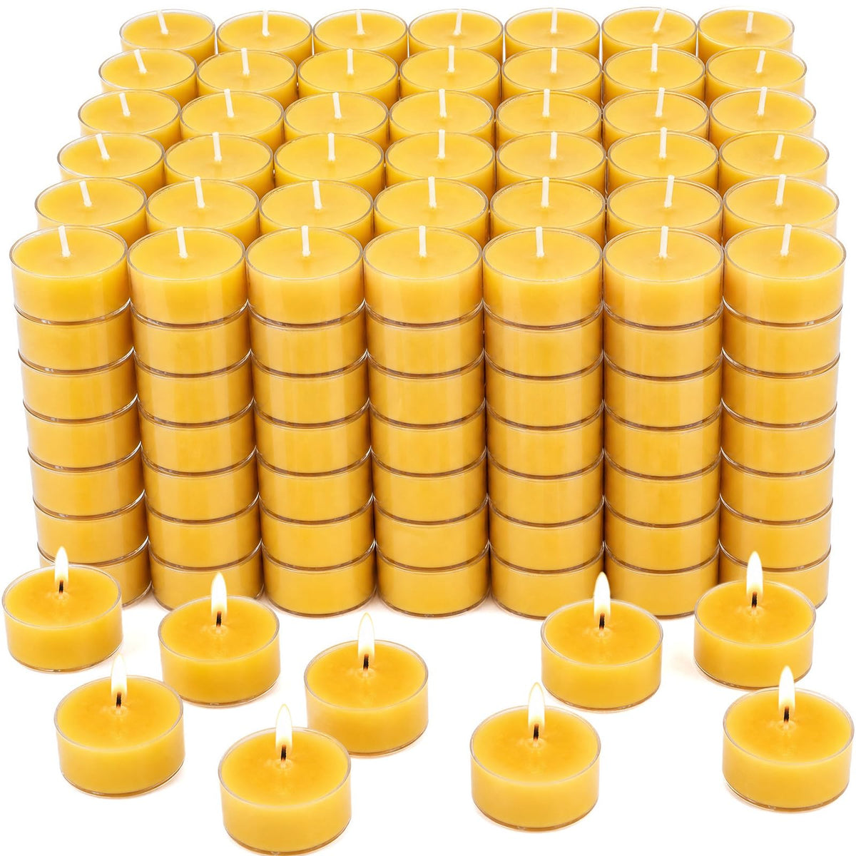 DEYBBY Natural Beeswax Tealight Candles 200 Pack, Unscented Small Beeswax Candles Bulk in Clear Cup, 4-5 Hours Burn Tea Light Candles for Home Decor Emergency Bath Relaxation (Yellow)