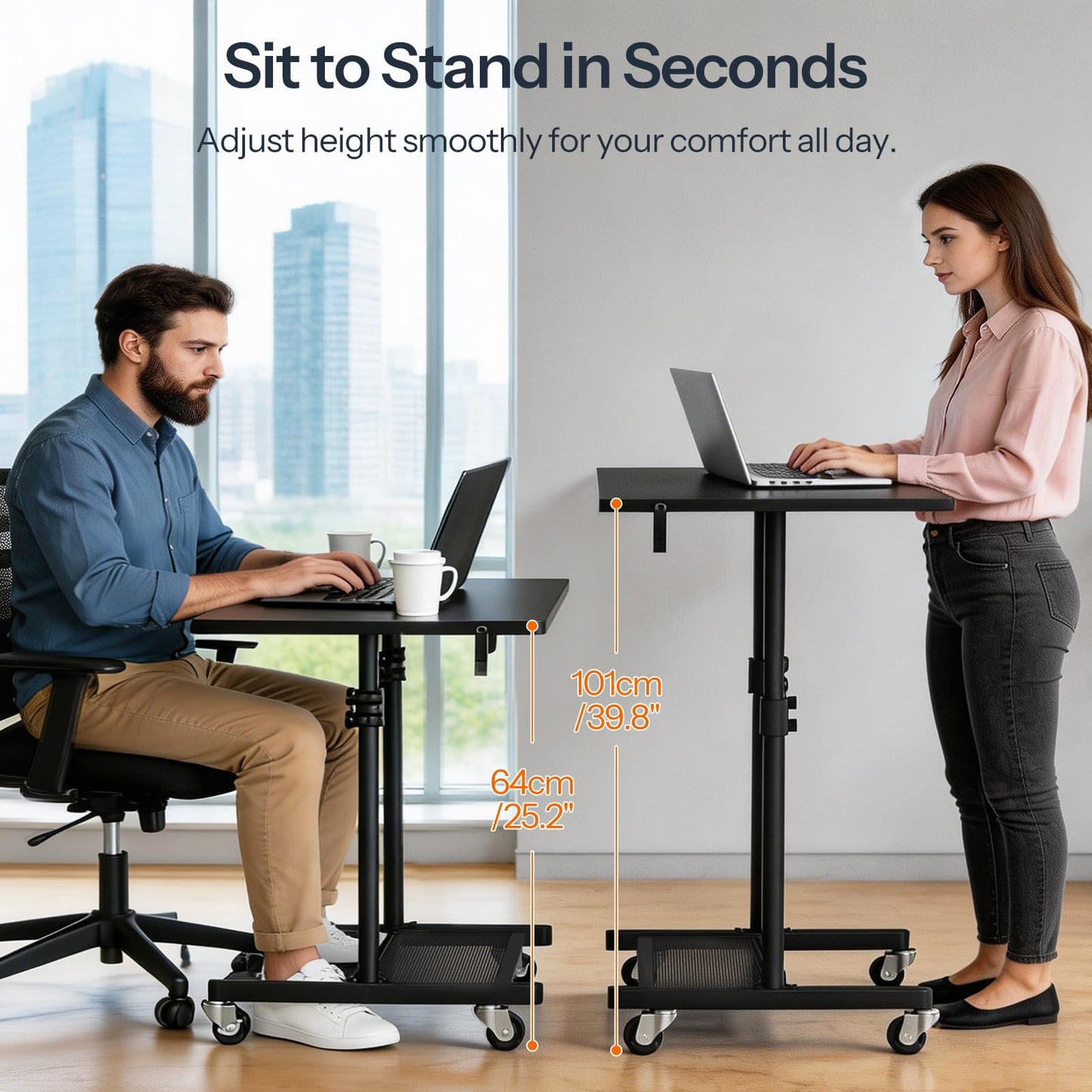 HOOBRO Standing Desk, Rolling Desk Adjustable Height, Portable Podium Stand, Mobile Stand Up Desk with Locking Wheels and Hooks, for Home Office and Living Room Use, Black BB01ZJ01