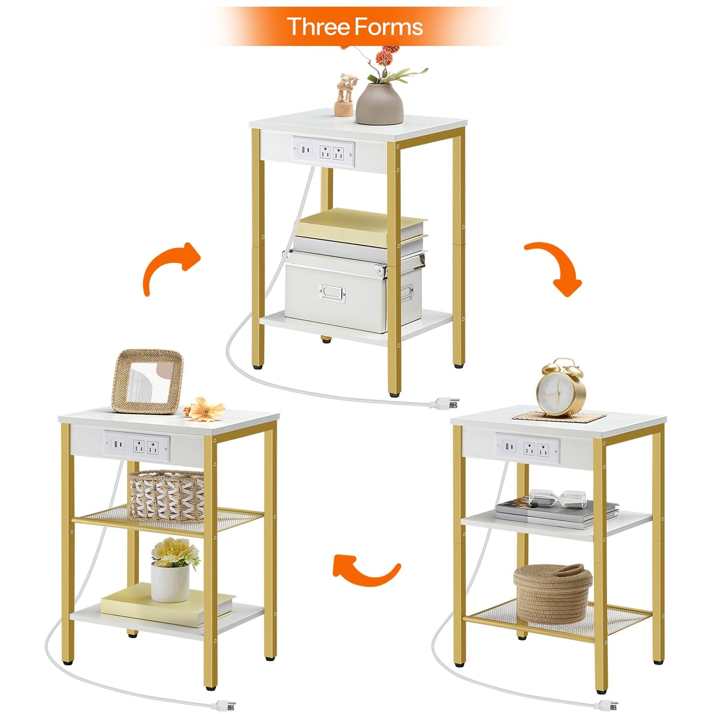 HOOBRO Side Table with Charging Station and USB Port, Small End Table for Small Space, 3-Tier Nightstand with Adjustable Shelf, for Living Room, Bedroom, White and Gold DW112BZ01G1