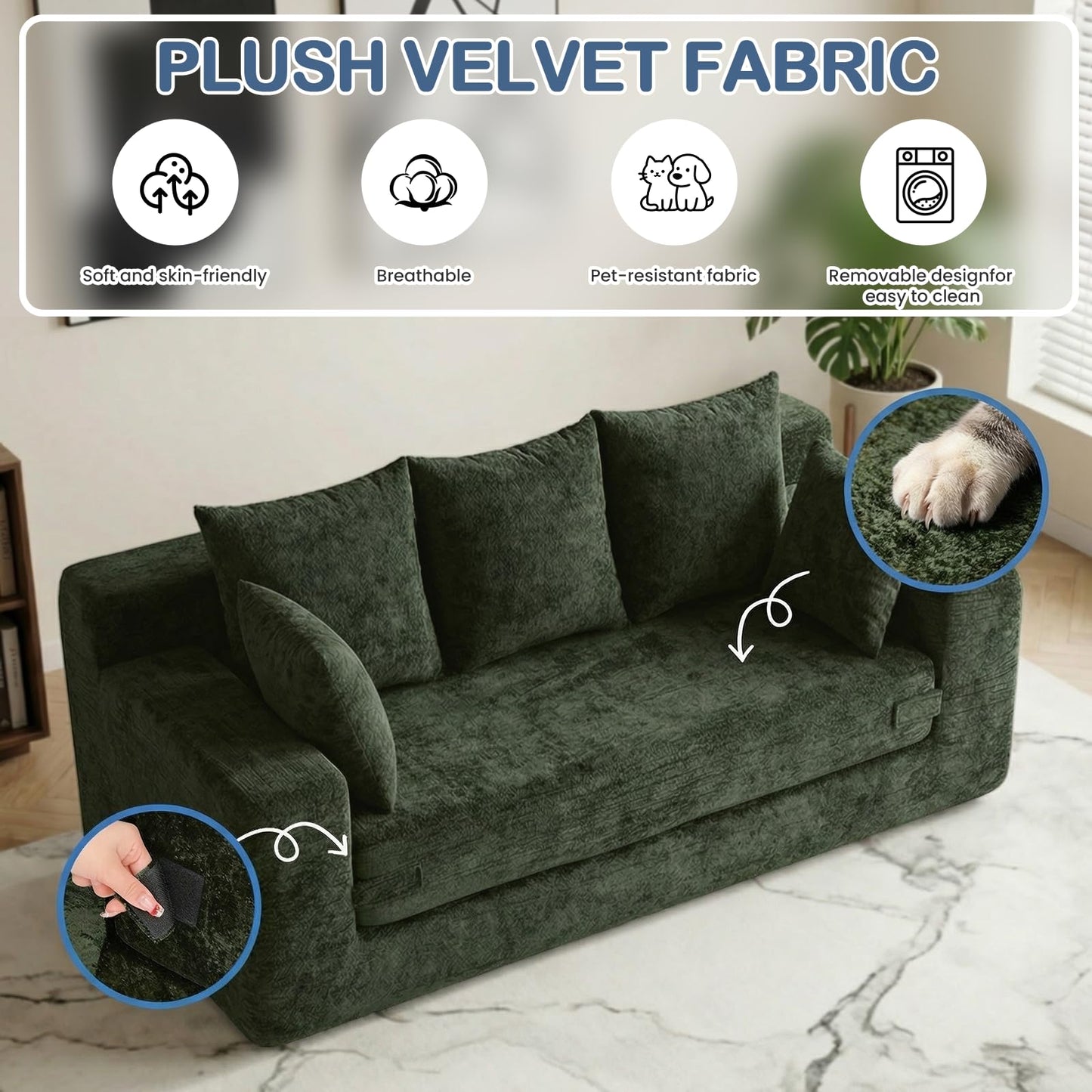 Winzoo Boneless Couches 70", 3 Seater Boneless Couch with Pull Out Sofa Bed, Boneless Couch Bed with 5 Pillows Green, Plush Velvet Sofa for Living Room & Bedroom