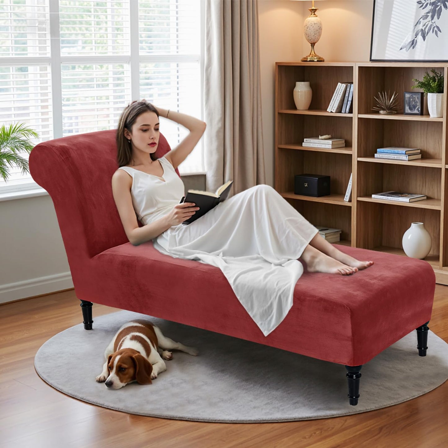 FondleFeeling Velvet Chaise Lounge Cover Indoor Armless Chaise Slipcover Luxury High Stretch Ultra Soft Lounge Chair Covers Modern Machine Washable Chair Cover for Living Room Bedroom Furniture, Red