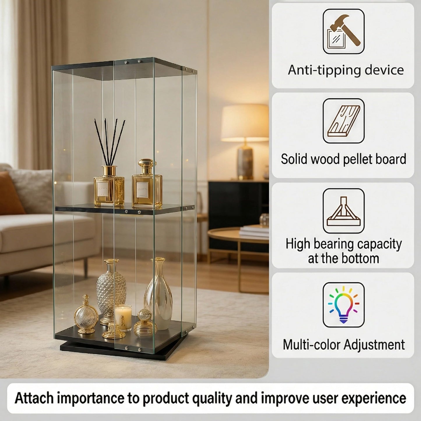 ZIHUASHENG Glass Display Cabinet with Rotating Base, Curio Cabinet with LED Light, 2-Shelf Tempered Glass Display Case for Collectibles, Curio Display Cabinet for Living Room,Home Decor, Black