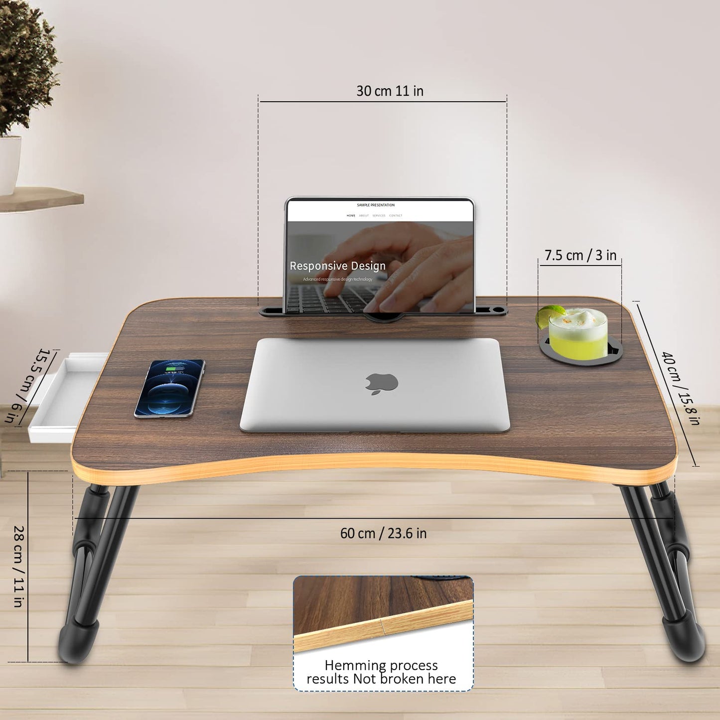 Zapuno Foldable Laptop Bed Table Multi-Function Lap Bed Tray Table with Storage Drawer and Water Bottle Holder, Serving Tray Dining Table with Slot for Eating, Working on Bed/Couch/Sofa