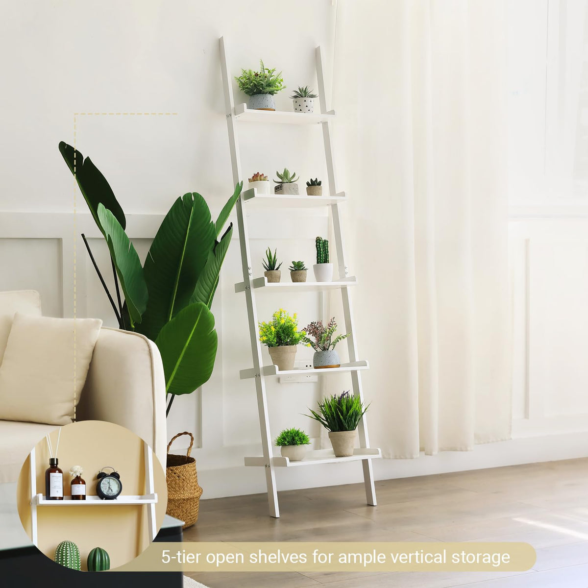 HYNAWIN Ladder Shelf 5-Tier Bookshelf – Storage Rack Shelves Wall Leaning Shelf,White Freestanding Plant Flower Stand, Corner Display Bookcase