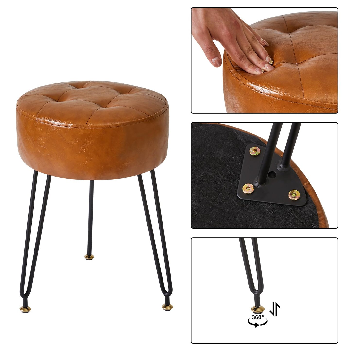 IBUYKE Faux Leather Round Footrest, Makeup Vanity Stool Side Table, PU Dressing Table Seat, Pouf Couch Stool, Golden Steel Legs, Light Brown LG-31J