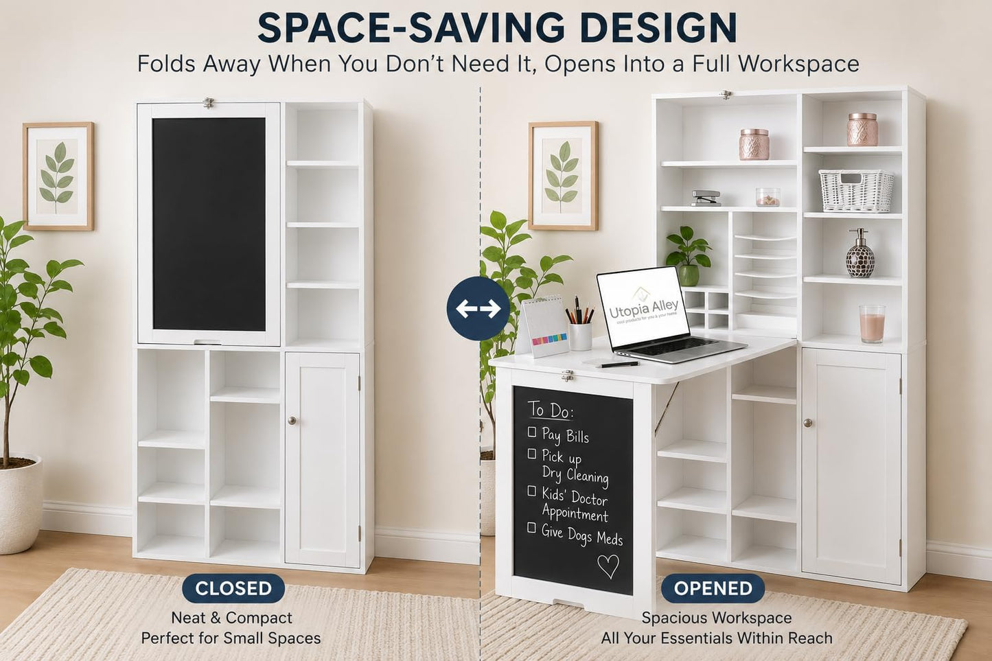 Utopia Alley Fold Down Wall Desk with Storage Shelves – Space Saving Murphy Desk Cabinet for Home Office, Craft Room, Apartment & Small Spaces, White