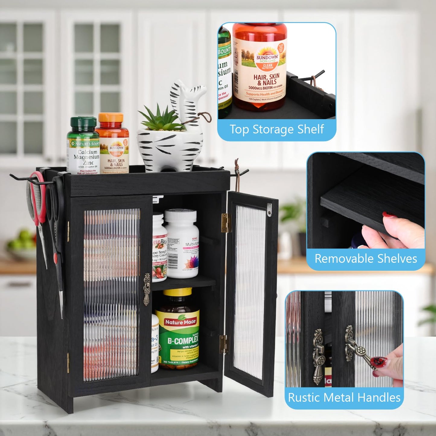 Ikee Design Wooden Countertop Storage Cabinet with Wavy Magnetic Door, Adjustable Shelves, Removable Hooks. Perfect for Perfume, Figurines, and Coffee Cups, Black Color, 10.4 W x 6.1 D x 14.4 H in