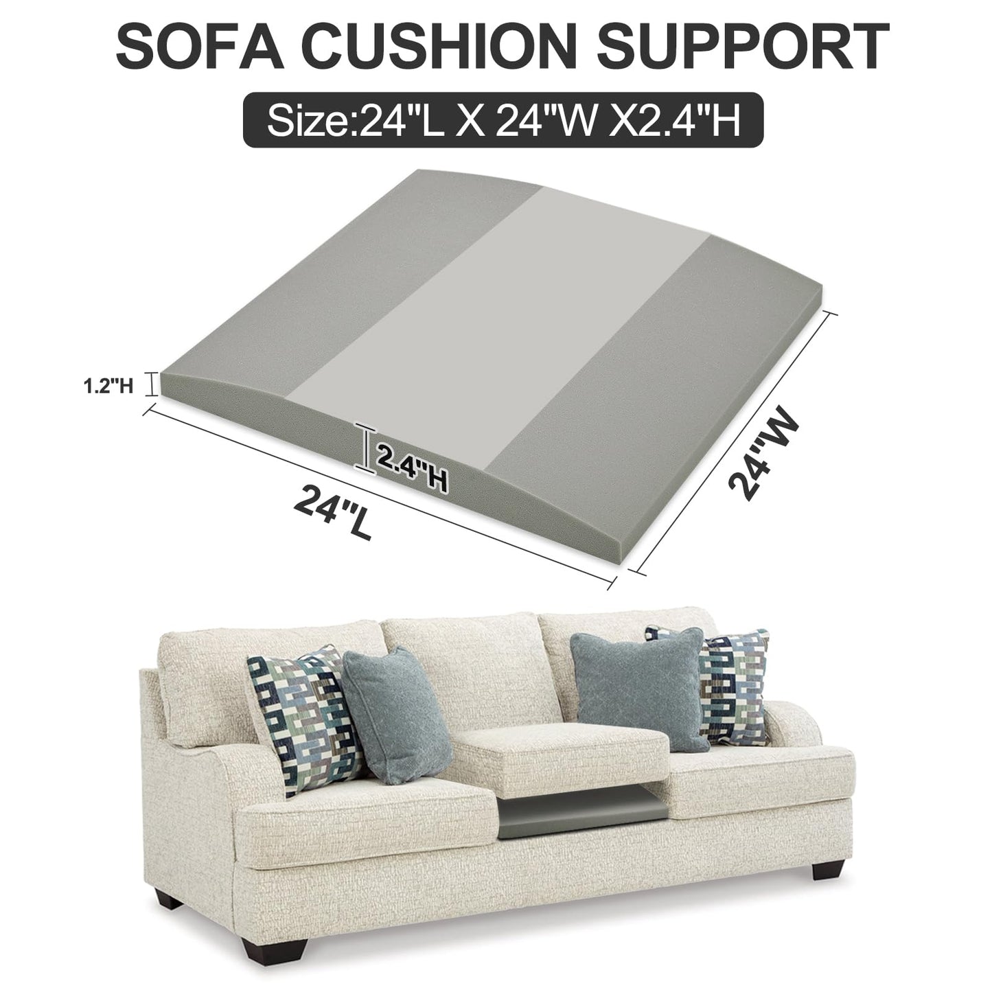 HAVARGO Couch Cushion Support High Density Foam 24X24X2.4 Inches Sofa Couch Supports for Sagging Cushions Light Grey 1Pc with Anti Slip Mesh Fabric