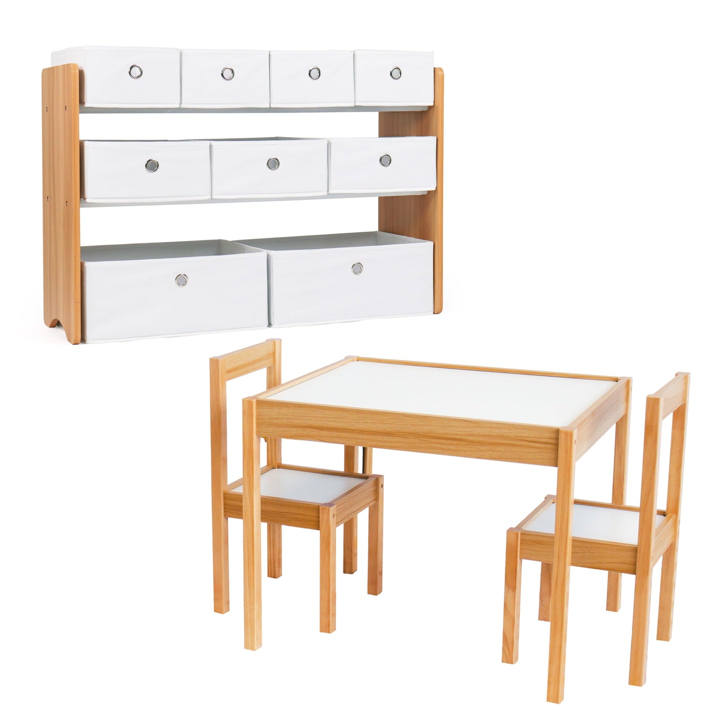 Humble Crew Journey Playroom in a Box, Kids 9 Bin Toy Organizer and 3pc Wood Table and Chair Set, Natural/White