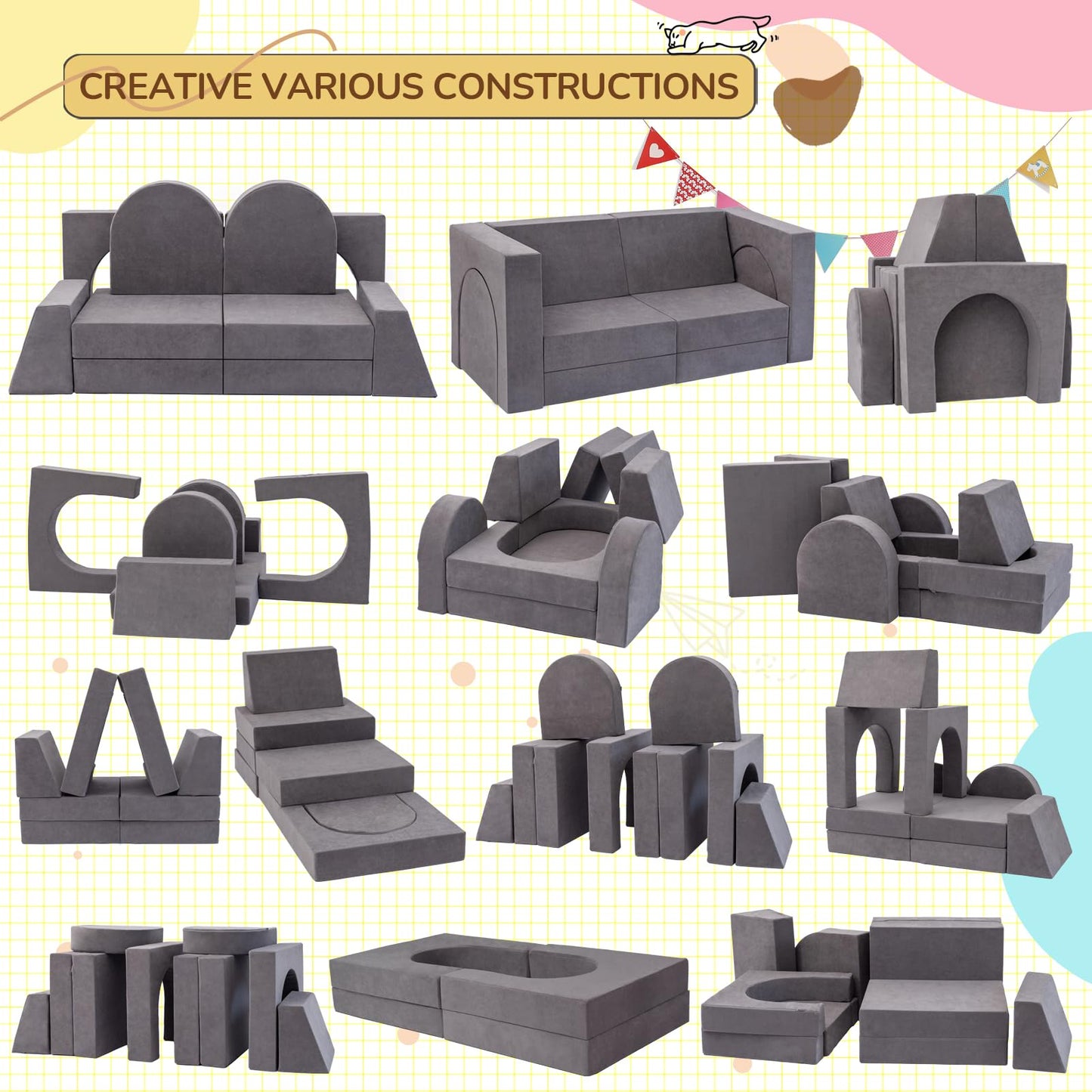 Fvkind 10 Pcs Modular Kids Play Couch, Multifunctional Foam Kids Couch for Playroom, Convertible Sectional Toddler Sofa for Boys and Girls, Toddler Sofa with Premium Foam and Washable Cover, Grey