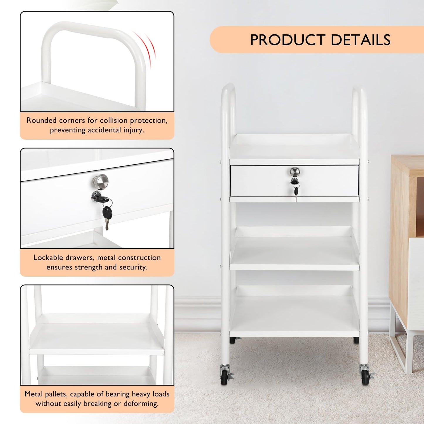 LEIBOU Beauty Salon Trolley Cart Hair Station with Wheels, Tray Cart with 1 Drawer & 2 Trays, Medical Esthetic Supply Holder for Massage Tattoo Facials