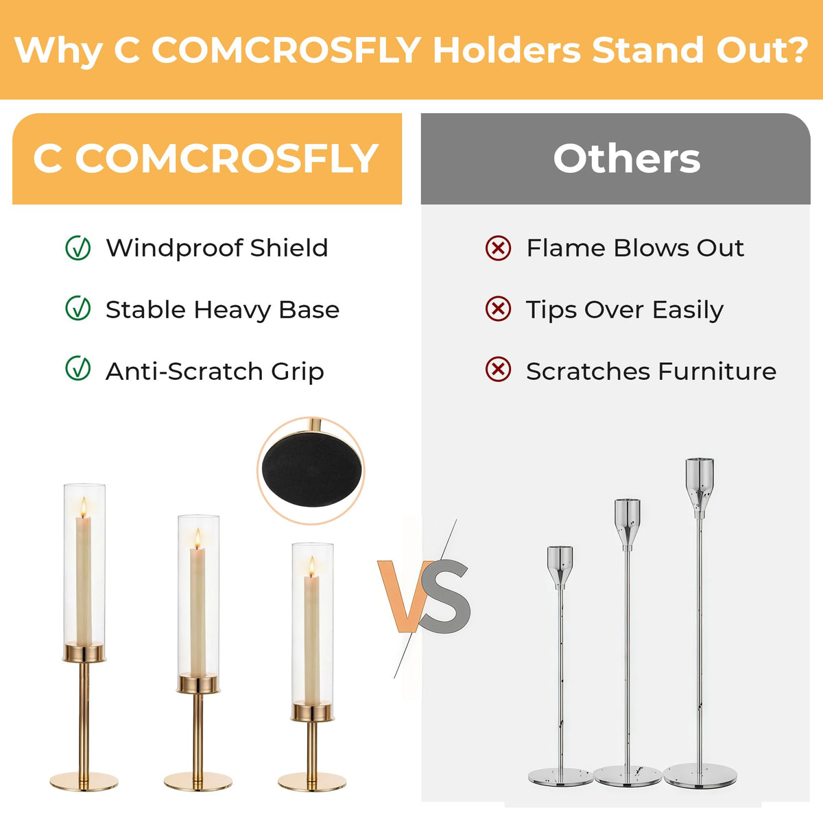 C COMCROSFLY Gold Candle Holders Set of 3, Elegant Glass Hurricane Candlestick Holders for Table Centerpiece, Wedding Decor, Modern Tall Candle Stick Holder for Dining Table, Home Decoration