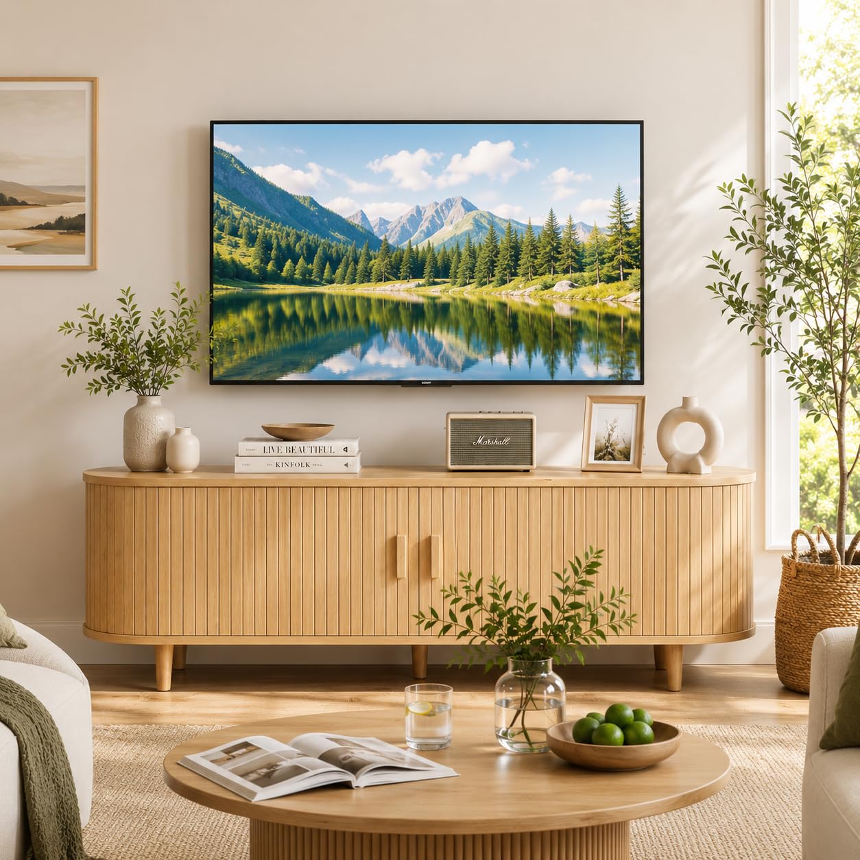 MXV 58" Mid-Century Modern TV Stand with Sliding Doors, TV Consoles with Power Outlet, Fluted Entertainment Center with Adjustable Shelves for Living Room