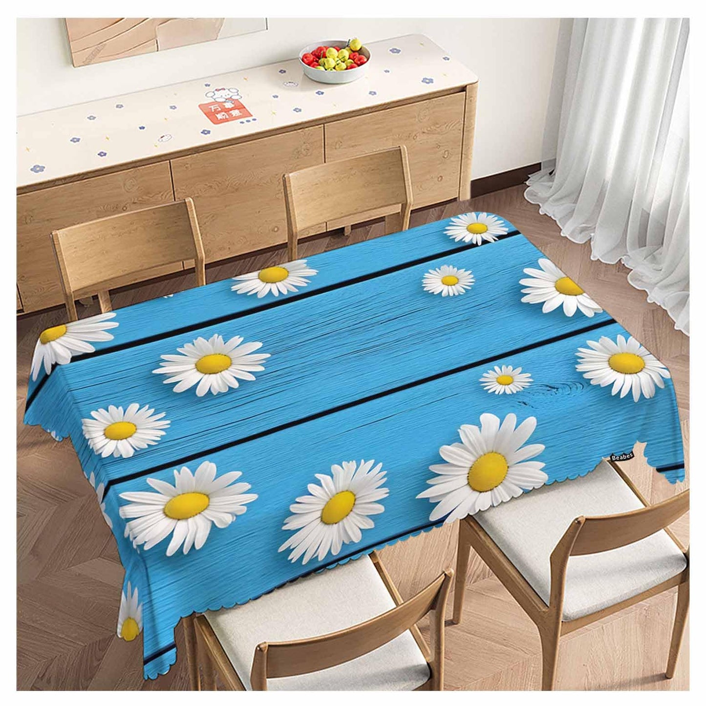 Beabes Tablecloth Daisy, Blossom Floral Daisy Chamomile Wood Blue Rectangular Table Cover Kitchen Table Cloth for Dining Hotel Coffee Parties Tabletop Decoration, 52x70 Inch