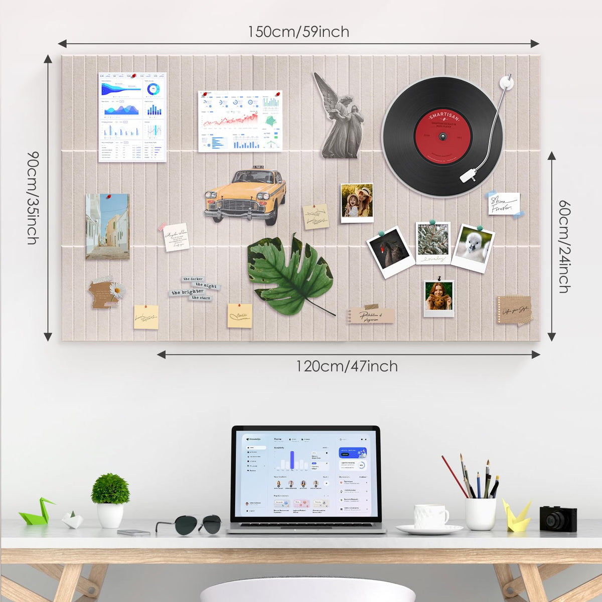 Bulletin Board 47" X 24" Cork Boards for Wall Alternative 8 Pack Oatmeal Fine-Stripe Felt Bulletin Board 48 Safe Adhesive 35 Push Pins for Office School Home Room Decor
