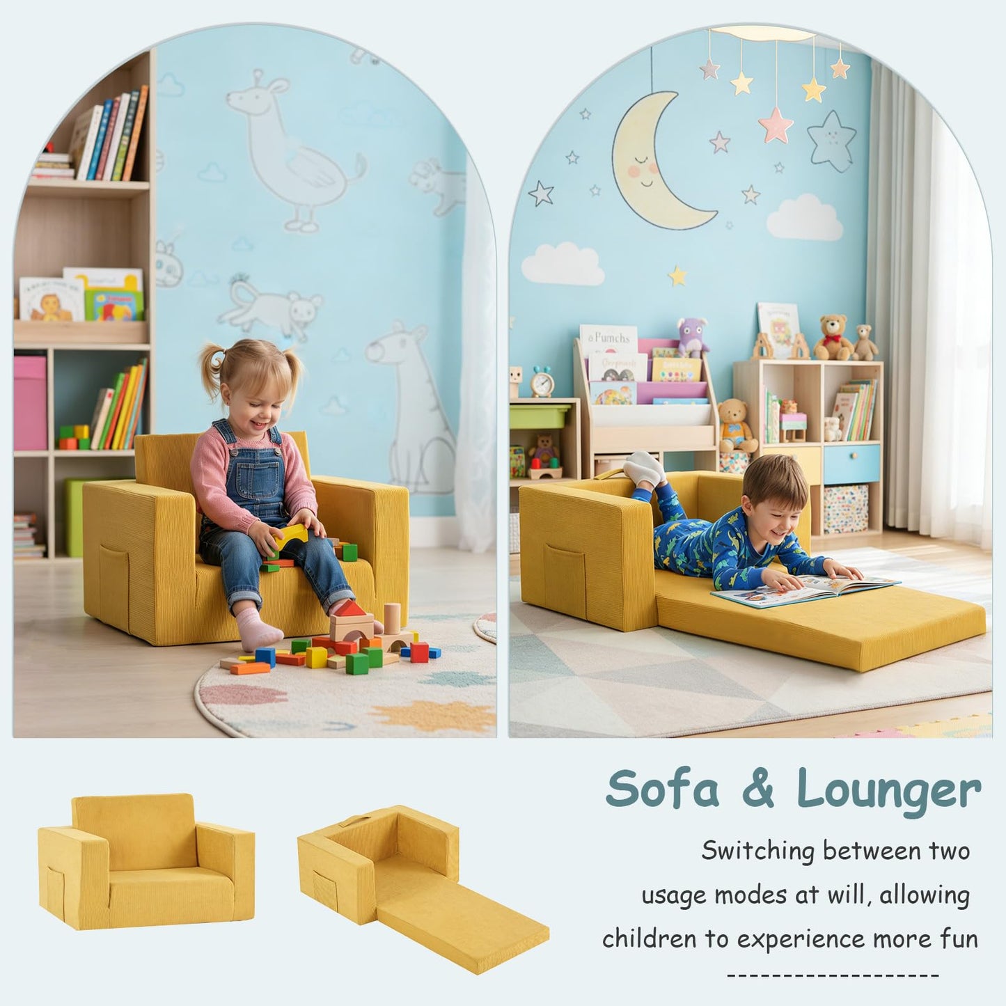 Tiita 2-in-1 Kids Sofa, Convertible Children Couch to Lounger, Flip Out Kids Chair, Toddler Armrest Chair Bed, Folding Kid Play Sofa for Girl or Boy, Corduroy Ginger Yellow