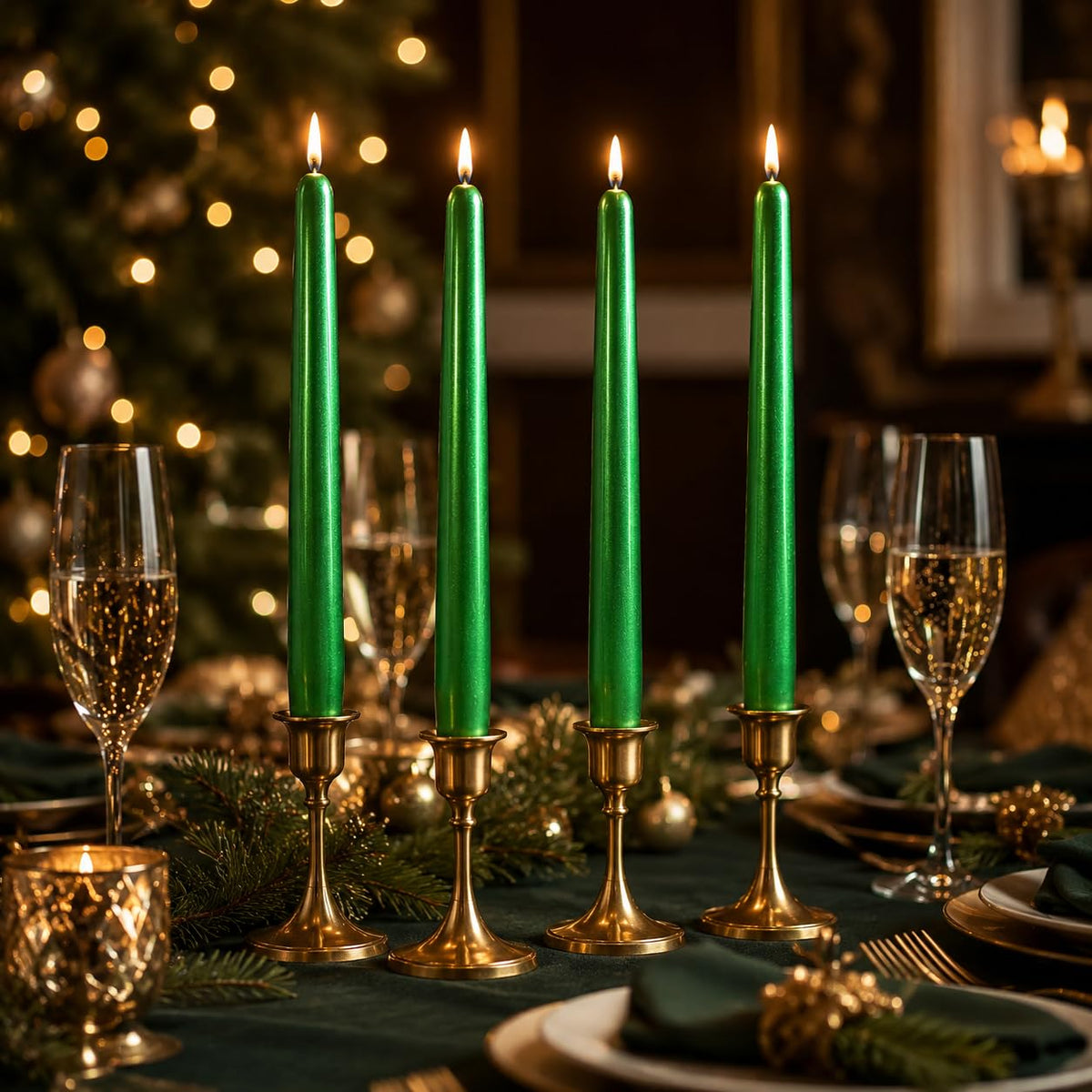 Emerald Green Taper Candles Set of 4, 10 Inch Handmade Candle Stick, Metal Candlesticks, Unscented Tapered Candles for Christmas Dinner Table Decor Gift