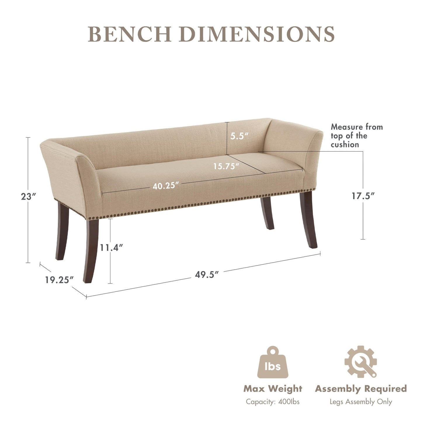 Madison Park Accent Bench, Upholstered with Nailhead Trim, & Padded Seat Entryway Bench Small, End of Bed Bench with Back, 49.5" W x 19.25" D x 23" H, Tan