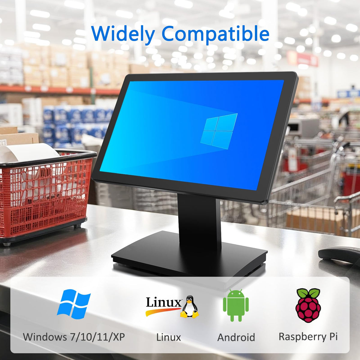 NewHail 15.6" Touchscreen POS Monitor, 1920×1080 FHD IPS Display, 10-Point Capacitive Touch, with HDMI/VGA Input, Heavy Duty Metal Stand for Restaurant, Bar, Gym, Warehouse, and POS Systems