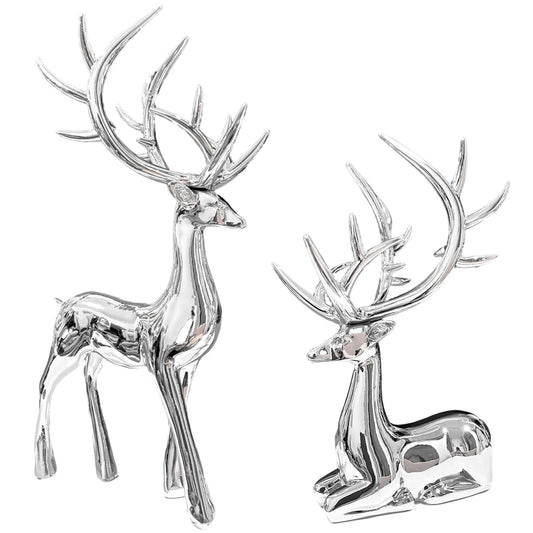 2PCS Silver Christmas Reindeer Figurines, Resin Elk Sculpture Statues, Standing Sitting Reindeer Statues, Xmas Ornaments for Home Living Room Office TV Cabinet, Ideal Christmas/New Year Seasonal Gift