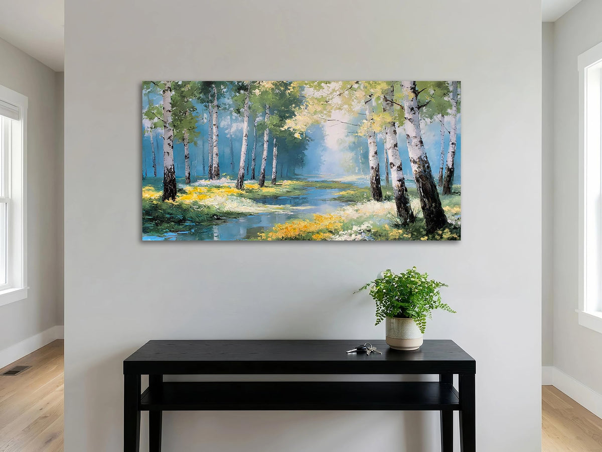 Ardemy Birch Forest Stream Canvas Wall Art, 40"x20" Hand-Painted Texture Landscape Painting with Wildflowers, Calming Nature Scenery for Living Room Bedroom Bathroom Home Office Decor