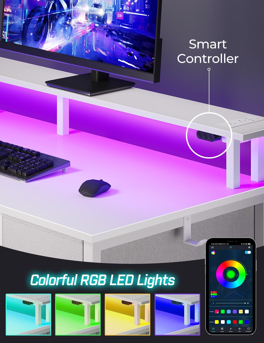 Seventable Computer Desk with Power Outlets & LED Light, 55 inch Home Office Desk with 5 Drawers, Writing Desk with Monitor Stand, Work Desk for Home Office, White