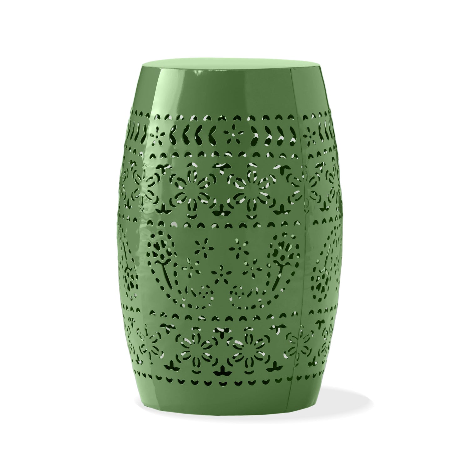 Christopher Knight Home Zoey Small Outdoor Side Table, Lace Cut Iron End Table, Metal Outdoor Stool, Hollow Drum Round Side Table, Decorative Garden Stool with Cutout Design for Patio Balcony, Green
