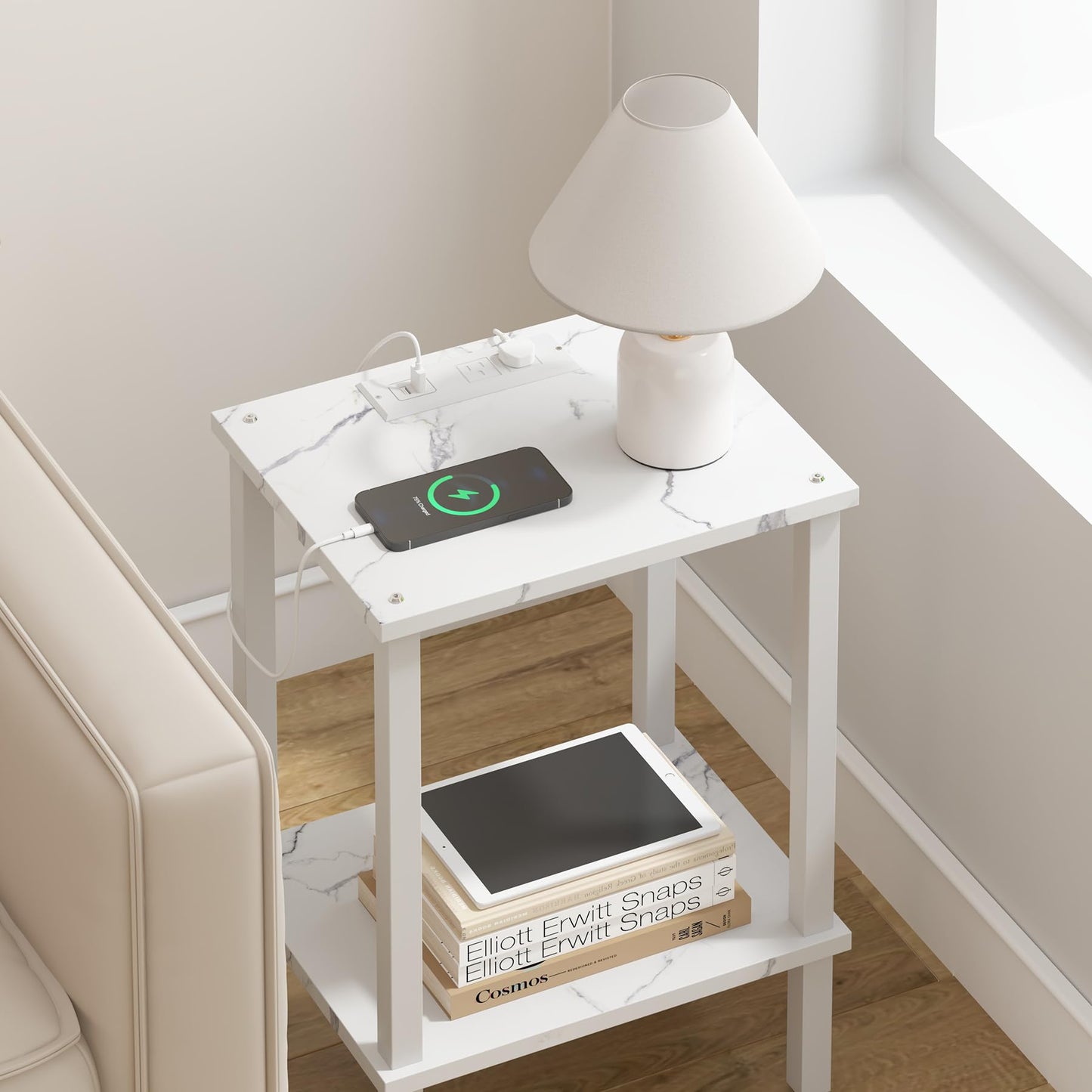 TUTOTAK End Table with Charging Station, Small Side Table with Outlets, Nightstand Bedside Table, 2-Tier Storage Shelf for Small Space, Living Room, Bedroom, Marble White TB01BMW040