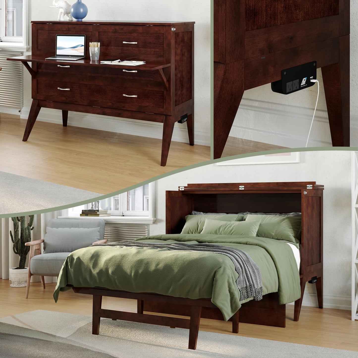 HomeStock Full Murphy Bed Desk with 6" Mattress & Built in Charger in Walnut