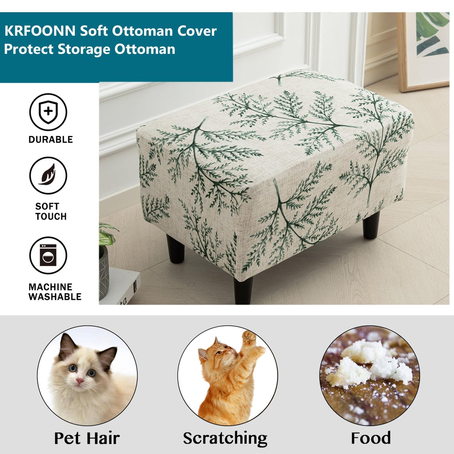 KRFOONN Ottoman Slipcovers Stretch Ottoman Cover Rectangular Footrest Sofa Slipcovers Stool Cover Printed Storage Footrest Stool Covers Furniture Protector with Non Slip Elastic Bottom (T2, X-Large)
