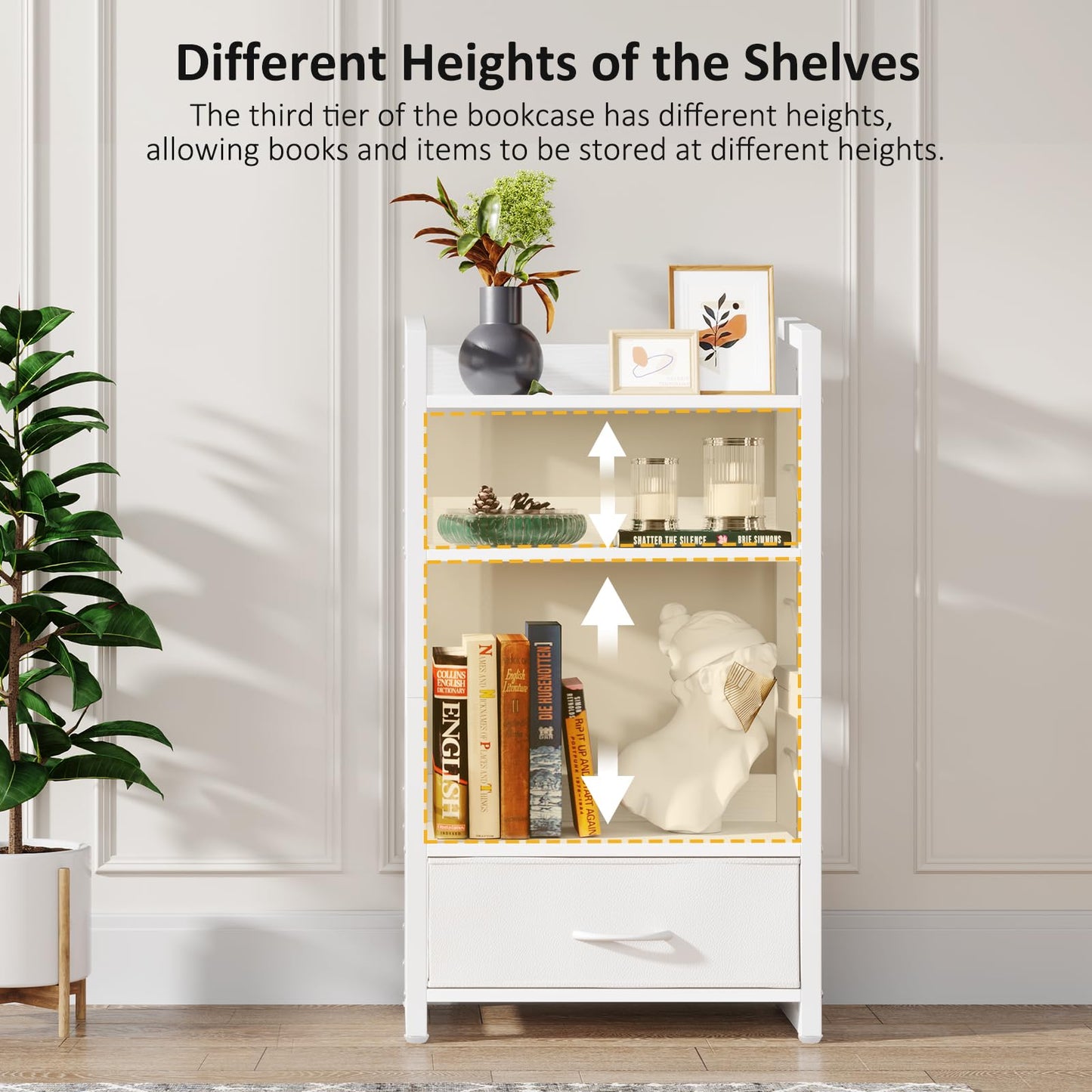 Hosfais Small Bookshelf with Drawer - 4-Tier Wood Book Shelf Industrial Narrow Bookcase Storage Organizer Metal Stackable Shelves for Desktop Bedroom Living Room Home Office (White)