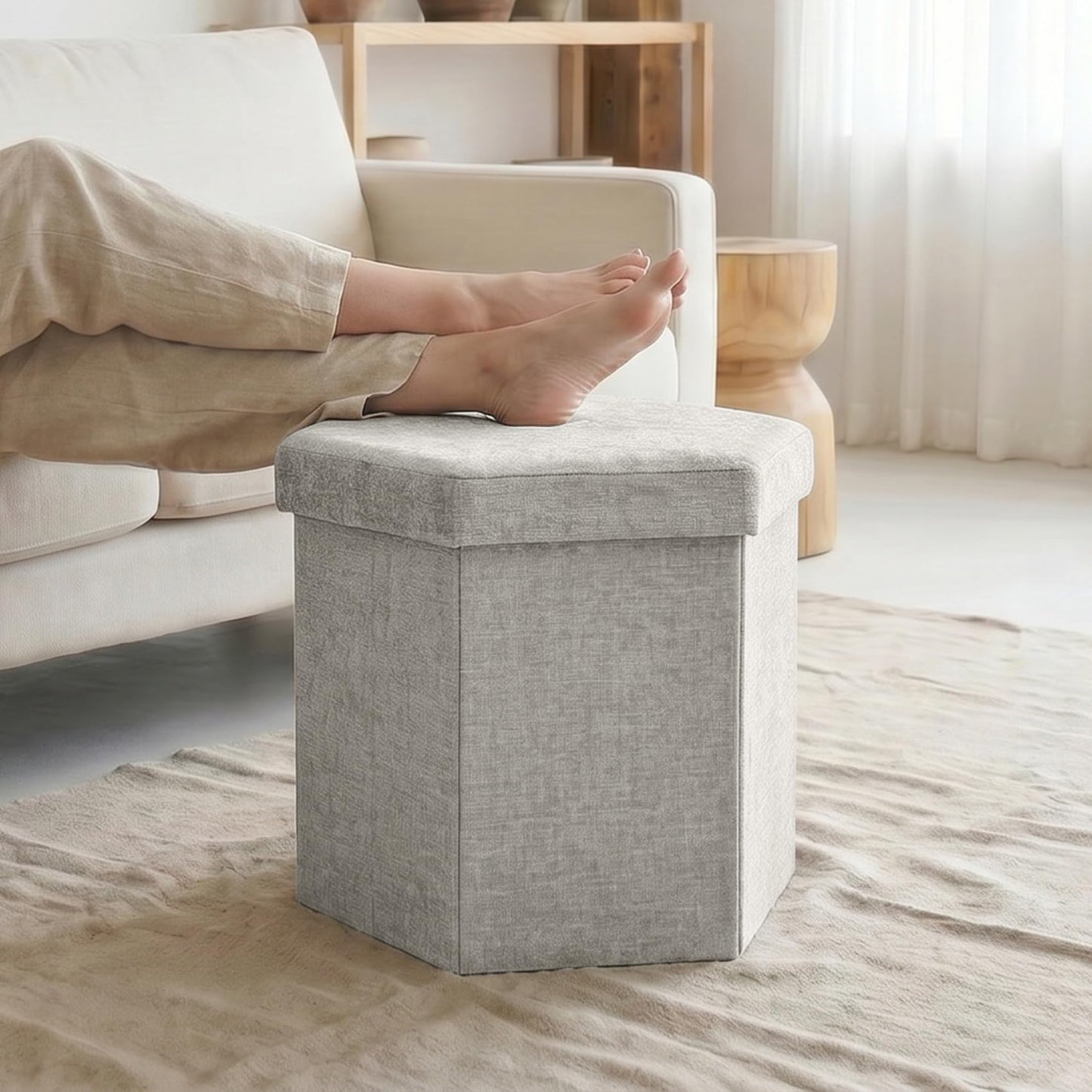 ZOLANOful Hexagon Storage Ottoman, Foldable Chenille FootRest with Hidden Storage, Small Ottoman Footstool for Living Room, Bedroom, Dorm, Entryway, 15 x 16.9 x 15 Inches, White