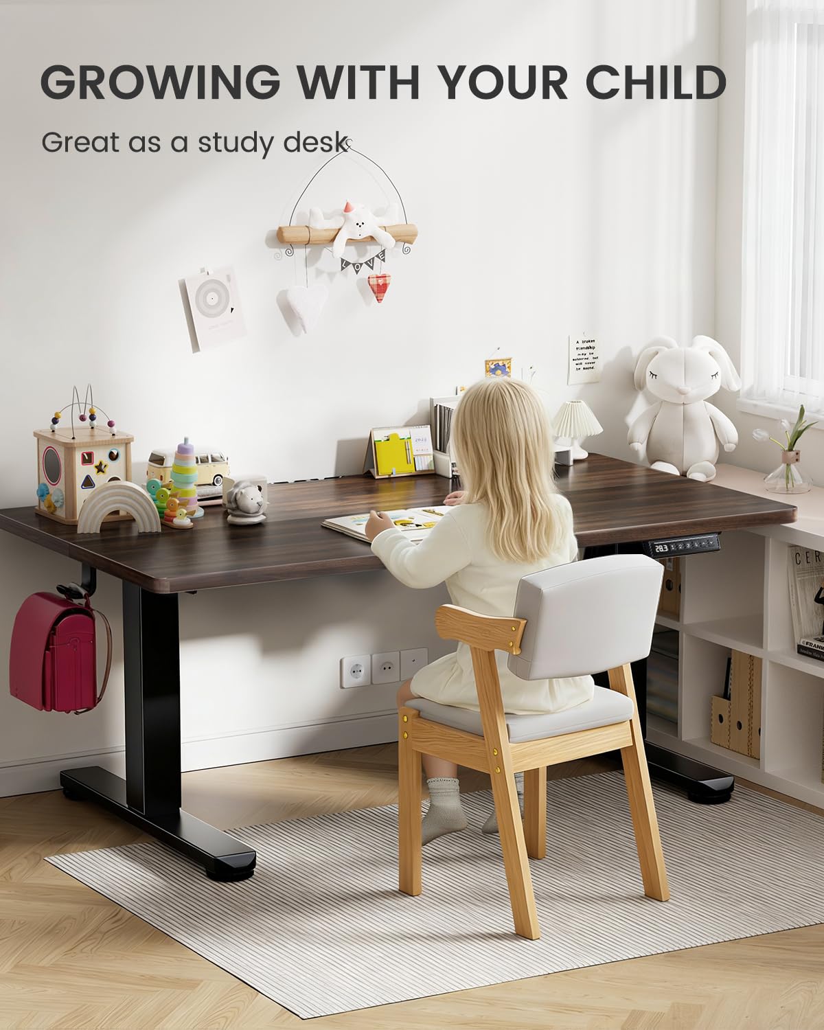 ErGear Low Height Adjustable Desk, Lifts 18.9-28.4 Inches, 35 X 20 Inches Electric Standing Desk for Kids, 4 Height Memory Settings & Storage Hooks, Home Office Computer Table & Study Desk, Walnut