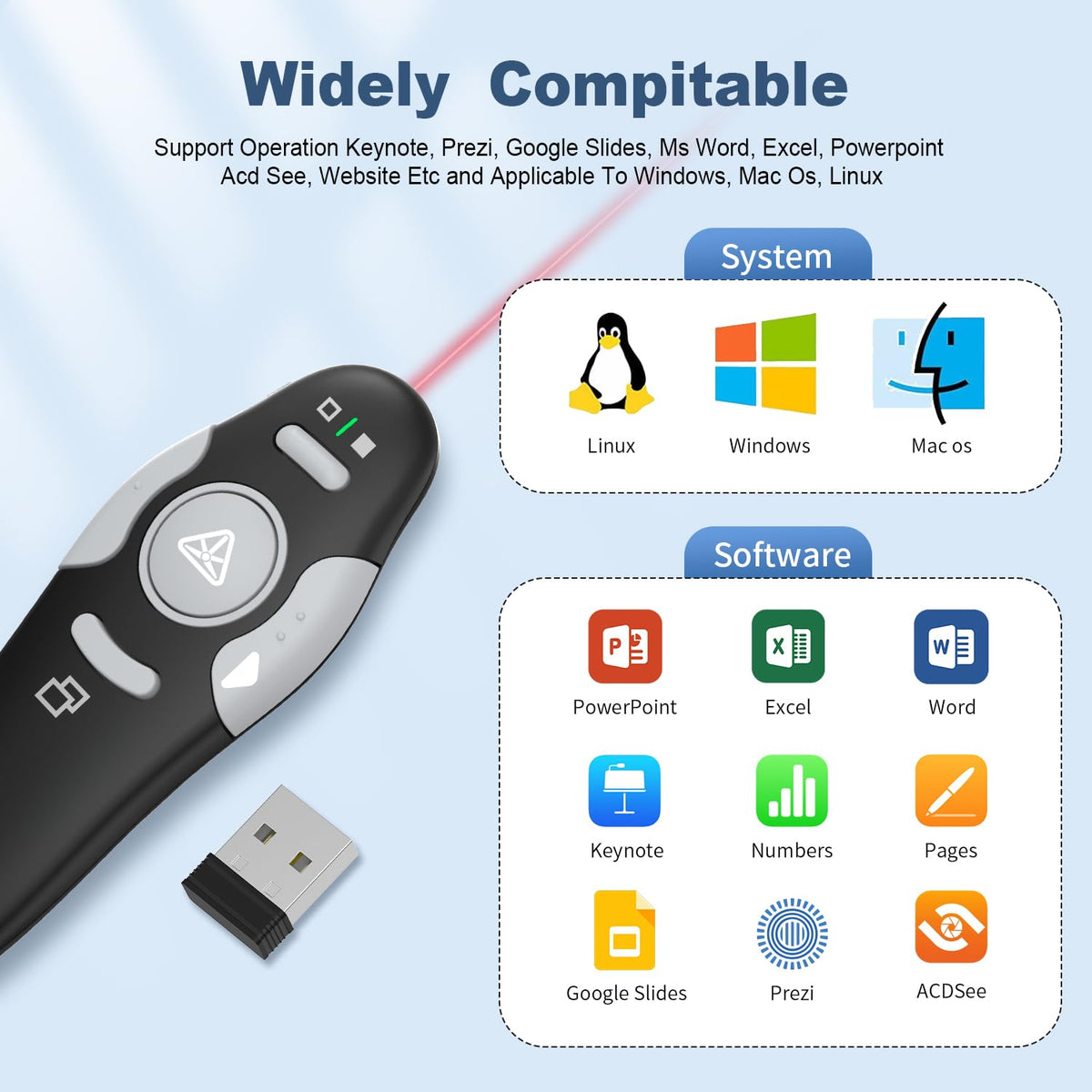 QUI 2 Pack Presentation Clicker, Wireless Presenter Remote Clicker for PowerPoint, Slide Advancer for Mac, Windows, Google Slide, Keynote (USB, Black Purple)
