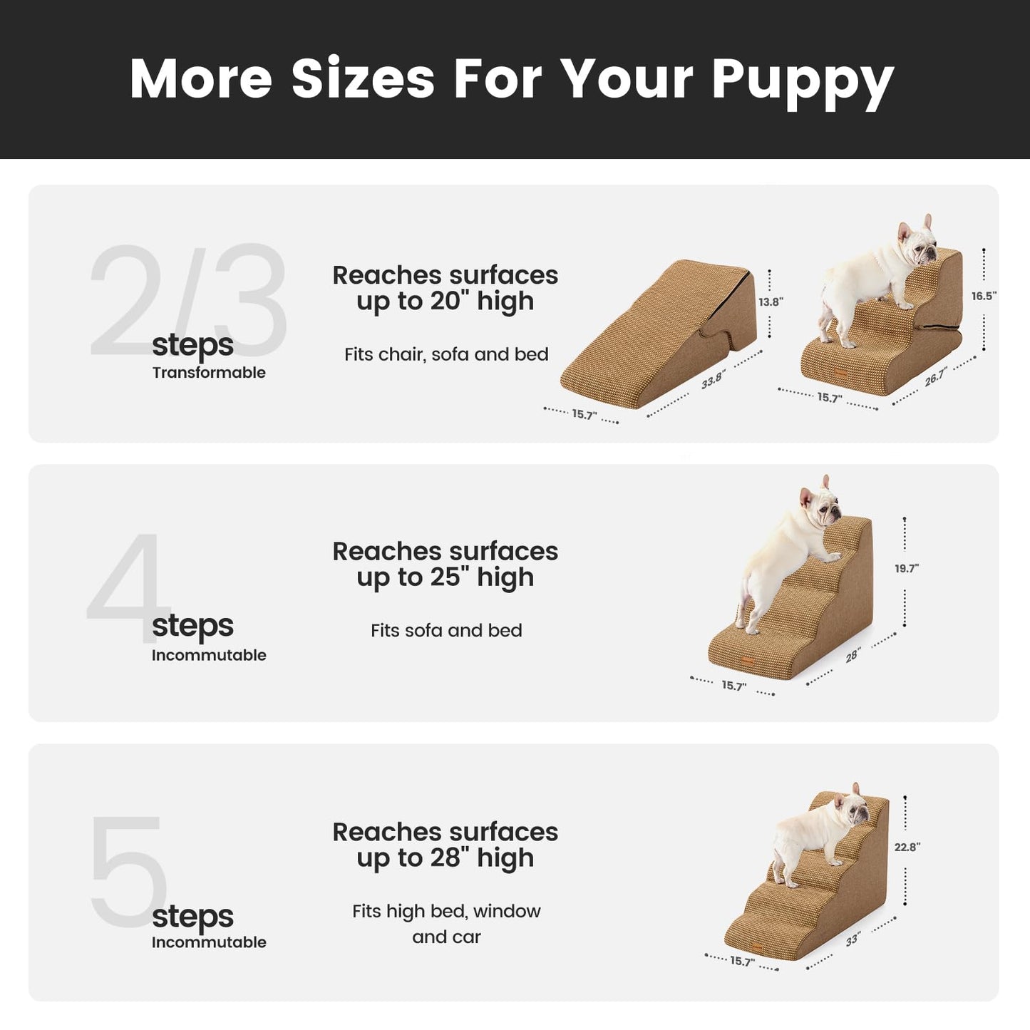Gardner Pet Dog Stairs for Small Dogs 19.7" H, 4-Step Brown Curved Pet Stairs, Dog Steps for High Bed (18-24 in), Couch with Durable Non-Slip Waterproof Fabric Cover and CertiPUR-US Certified Foam