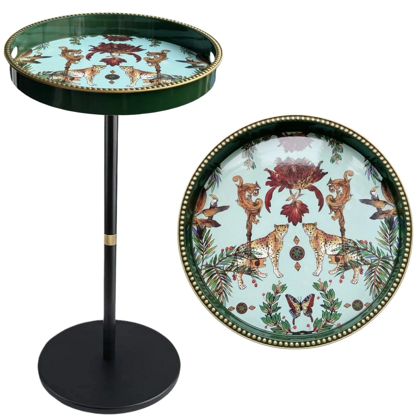 Gesodant Boho Single Leg Round Side Table with Tray Top, Pedestal Drink Table for Small Spaces, Aesthetic Accent Nightstand for Living Room, Bedroom, Corners, and Office (Green Leopard)
