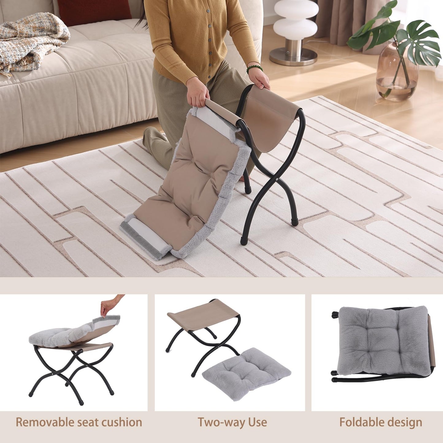 Welnow Folding Foot Stool, Upholstered Small Accent Ottoman with Detachable Thick Cotton Cushion Padded Sofa Stool and Metal Frame for Lazy Chair, Living Room, Bedroom, Plush Grey