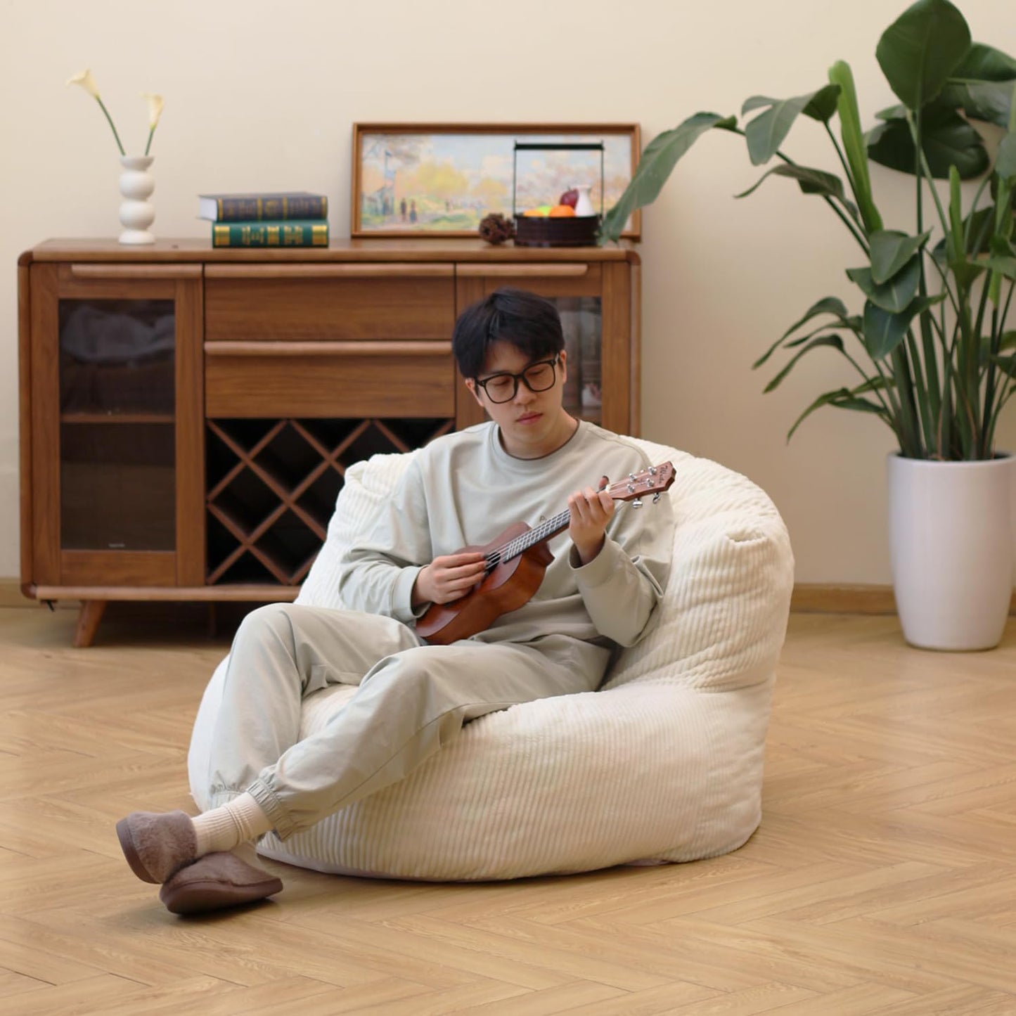 N&V Large Crescent Bean Bag Chair, Adult Size Bean Bag Sack, Foam Filling, Soft Premium Corduroy Bean Bag for Living Room Bedroom Dorm and Office (Ivory)