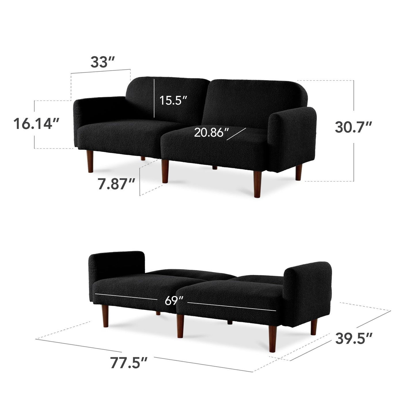 Best Choice Products 77" Mid Century Modern Boucle Loveseat Sofa, Couch, Convertible Sofa Sleeper Bed w/Real Wood, Removable Armrest - Midnight Black