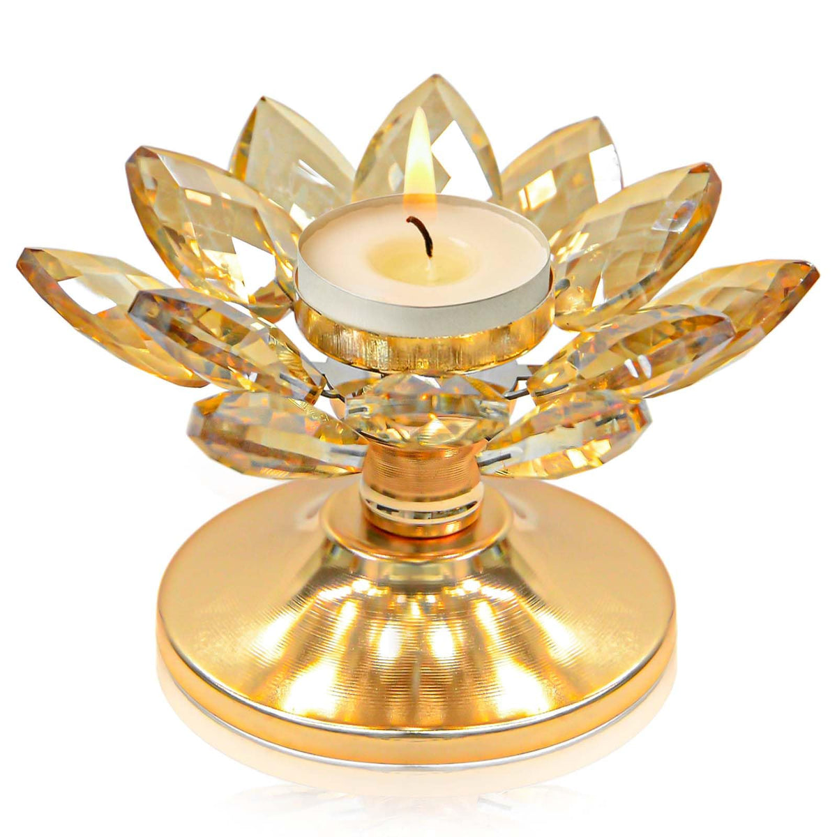 1 PC Gold Crystal Flower Tea Light Holder, Glass Tealight Candlestick with Metal Base, Votive Candle for Table Centerpiece, Wedding/Parties Decor, Nice Gift