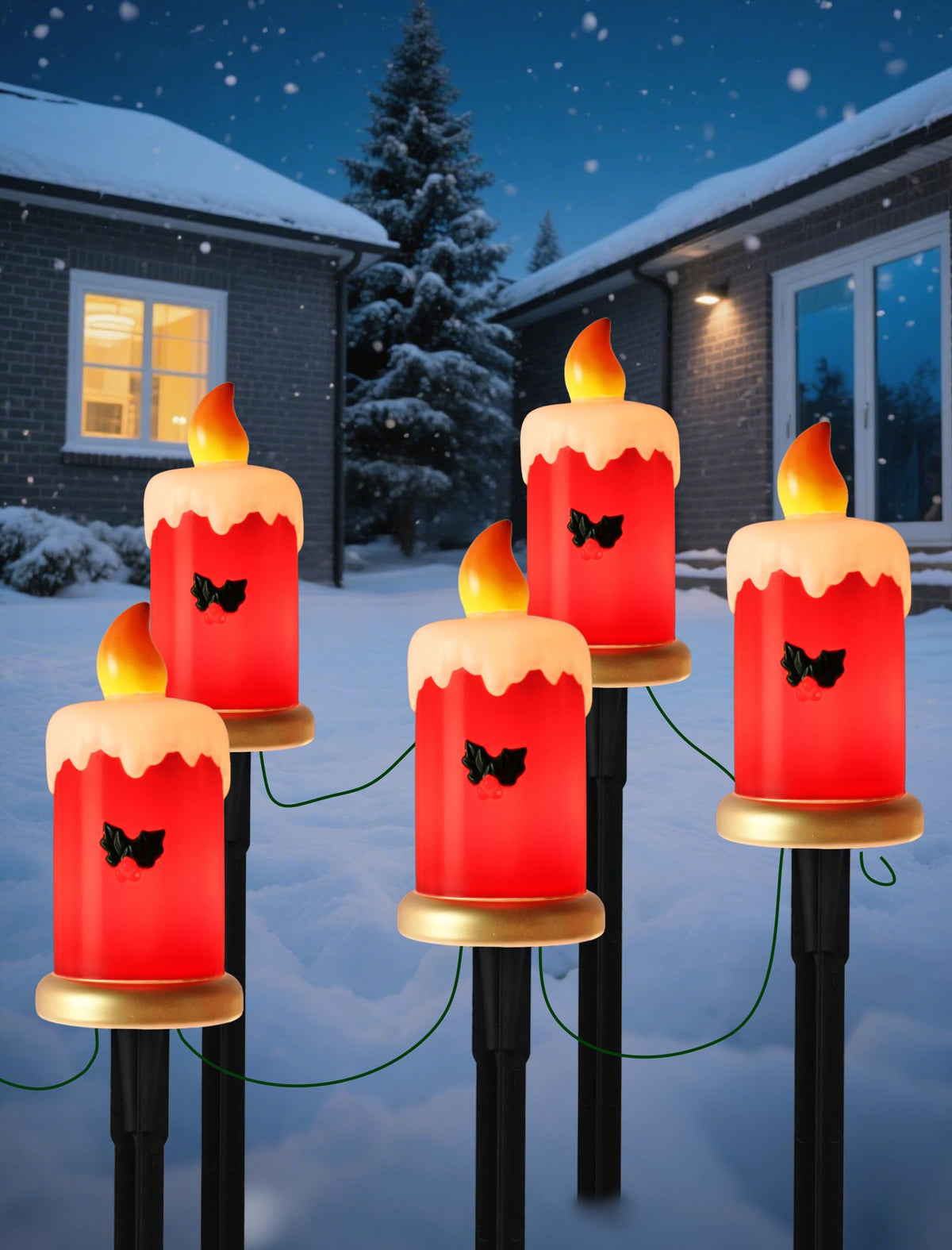 Hobbynors Set of 5 Christmas Candle Pathway Lights, Classic Red Outdoor Christmas Decorations for Yard, Weatherproof C7 LED Garden Stakes for Holiday Entryway & Walkway