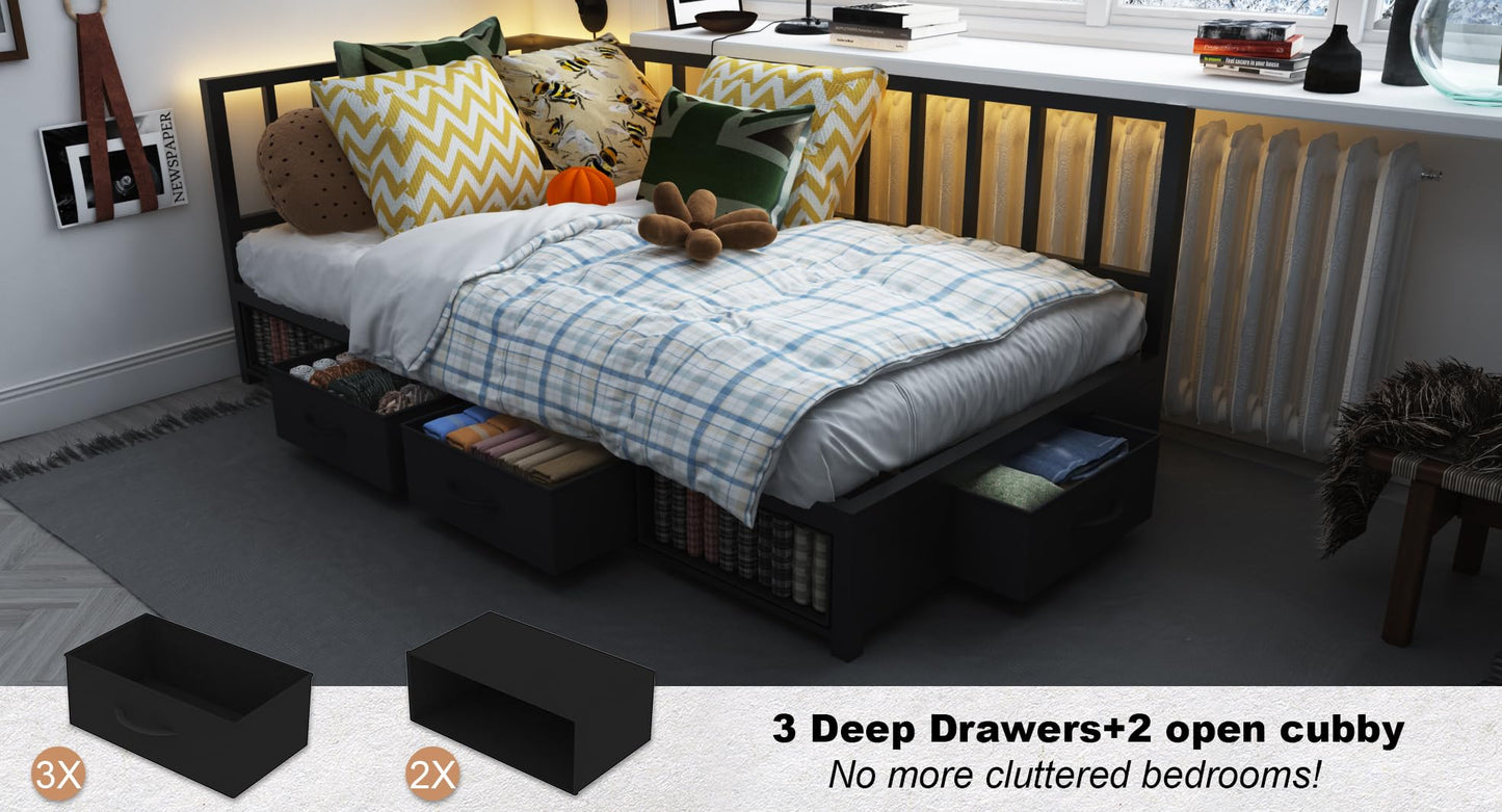 Modern Corner Storage Bed Frame (Twin, Black) - Convertible Sofa Bed with Pull-Out Cabinet, Bookshelf, Headboard Storage & Drawers, Built-in RGB Mood Lights for Small Spaces (No Box Spring Needed)