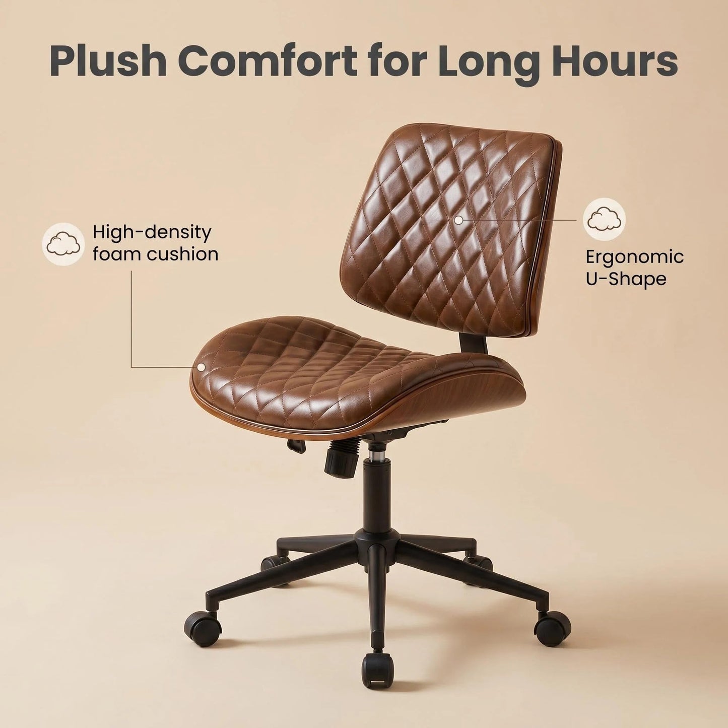 Furnimart Armless Small Desk Chair with Wheels, 360° Swivel Faux Leather Vanity Chair for Bedroom, Compact Home Office Task Chair for Small Spaces, Heavy-Duty Wood Frame(PU Brown)