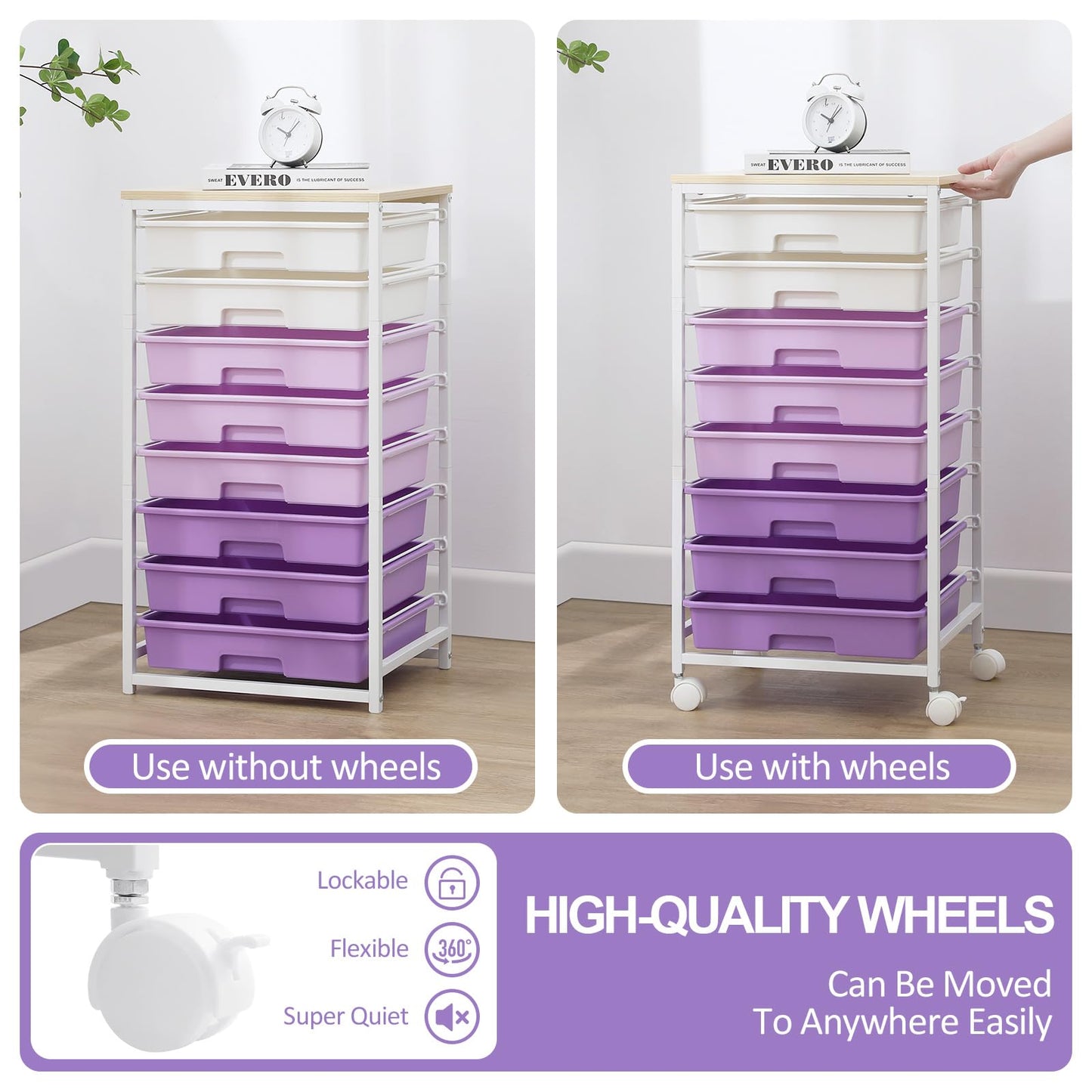SYKIARIOL Rolling Cart with Drawers,Utility Cart With 8 Drawers and Wooden Tabletop for Living Room,Classroom,Bedroom,Bathroom,Dorm,Office,Purple